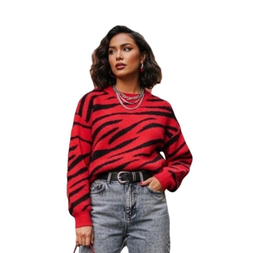 BARDOT Sweater Womans Small Red Black Stripe Knit Crew Neck Long Sleeve Pullover